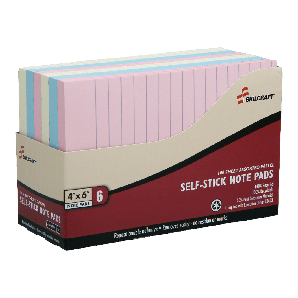 SKILCRAFT Self-Stick Notes, 4in x 6in, Assorted Pastel, Pack of 6