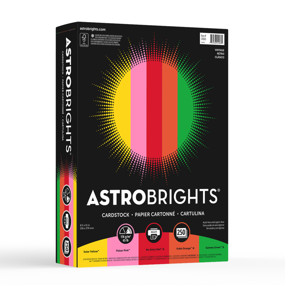 Astrobrights Color Card Stock, Vintage Assortment, Letter (8.5in x 11in), 65 Lb, Pack Of 250