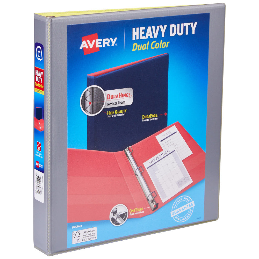 Avery 3-Ring Dual Color Heavy-Duty View Binder, 1in Slant Rings, 49% Recycled, Gray/Yellow