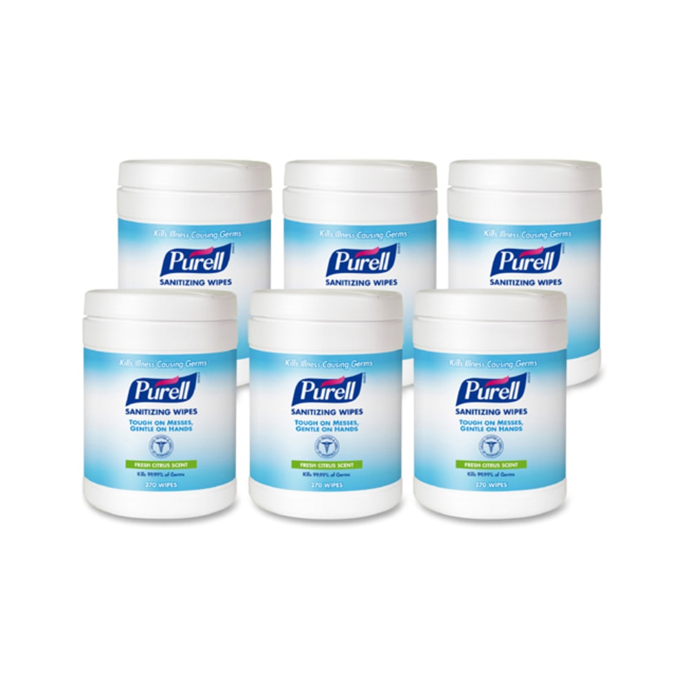 Purell Citrus Hand Sanitizing Wipes, 6in x 6-3/4in, 270 Wipes Per Canister, Carton Of 6 Canisters