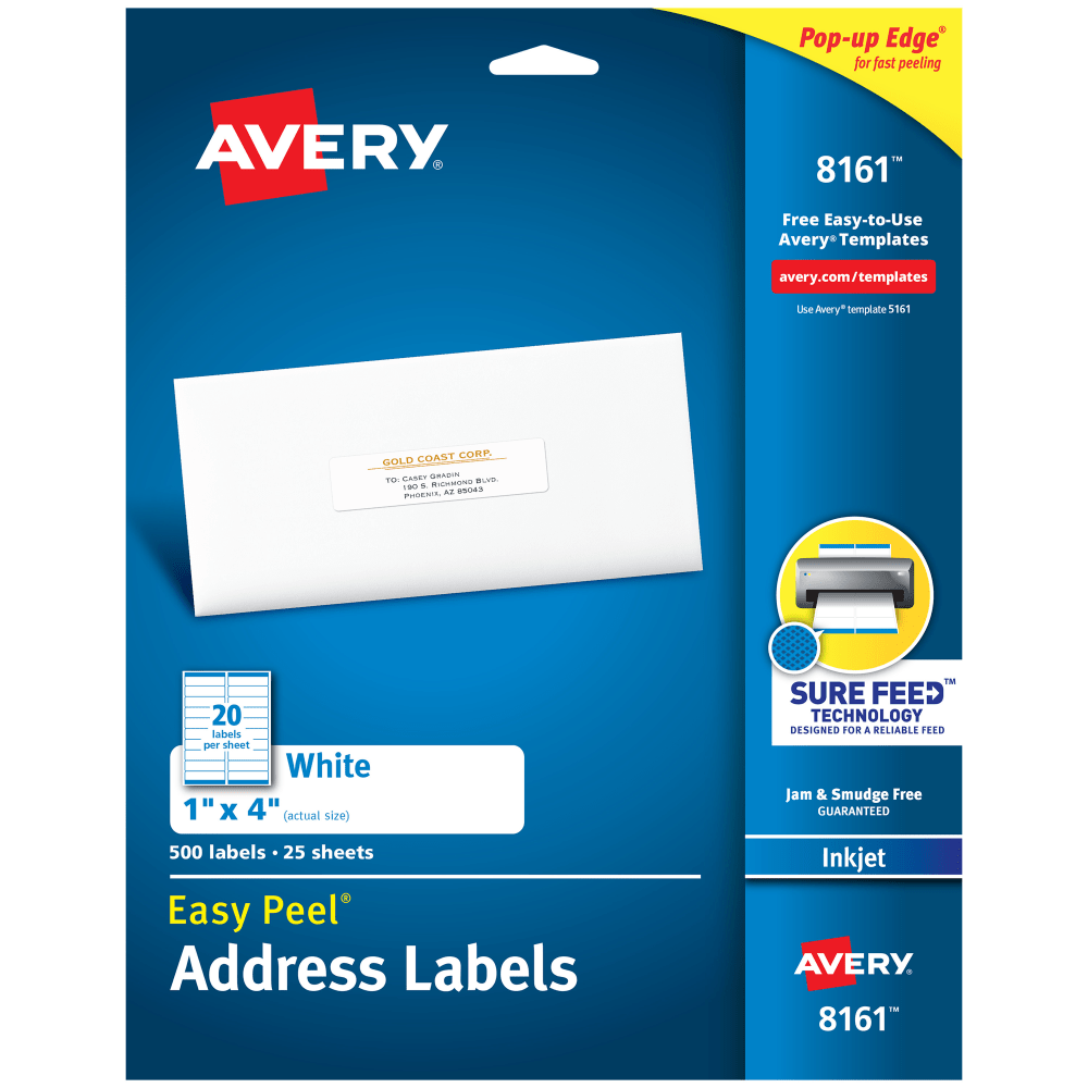 Avery Easy Peel Address Labels With Sure Feed Technology, 8161, Rectangle, 1in x 4in, White, Pack Of 500