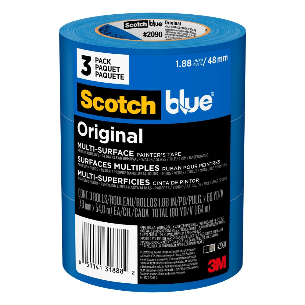 ScotchBlue Original Painters Tape, 1.88in x 60 yd, Blue, Pack Of 3