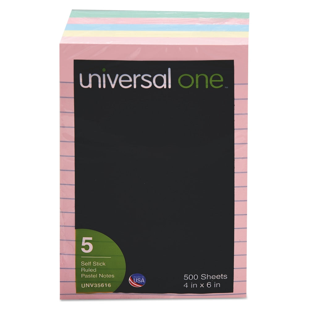 Universal Lined Self-Stick Notes, 4 in x 6 in, Assorted Colors, 100 Sheets Per Pad, Pack Of 5 Pads