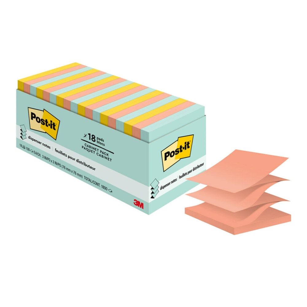 Post-it Dispenser Notes, 1800 Total Notes, Pack Of 18 Pads, 3in x 3in, Beachside Cafe, 100 Notes Per Pad