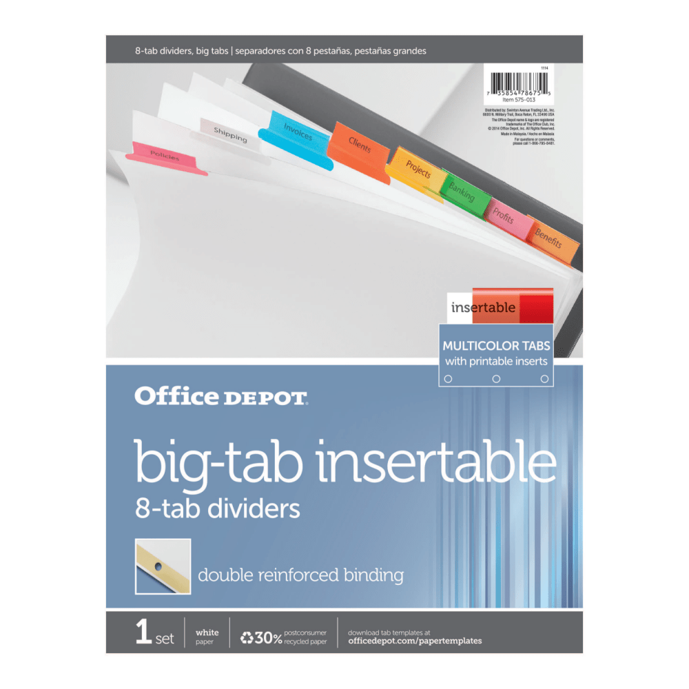 Office Depot Brand Insertable Dividers With Big Tabs, White, Assorted Colors, 8-Tab