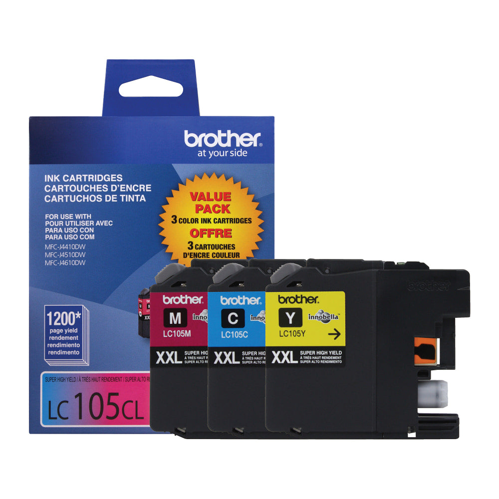 Brother LC105 Cyan; Magenta; Yellow High-Yield Ink Cartridges, Pack Of 3, LC1053PKS