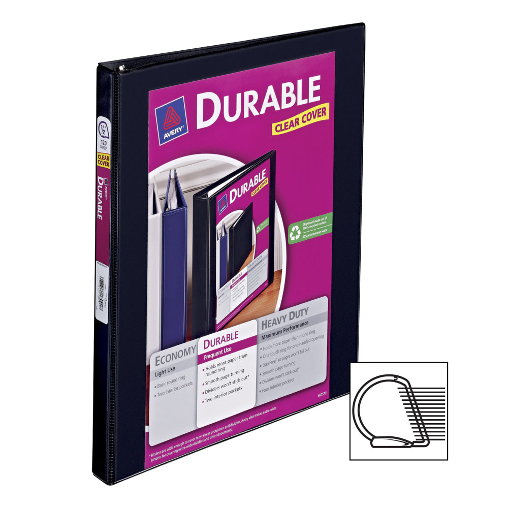 Avery Durable View 3-Ring Binder With EZ-Turn Rings, 1/2in D-Rings, 44% Recycled, Black