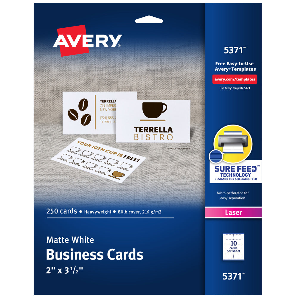 Avery Printable Business Cards With Sure Feed Technology For Laser Printers, 2in x 3.5in, White, 250 Blank Cards