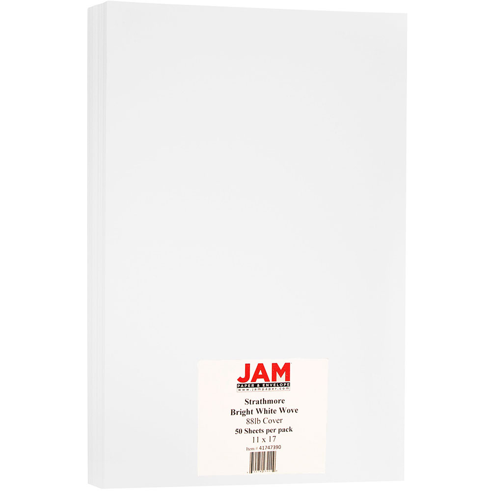 JAM Paper Card Stock, Strathmore Bright White Wove, Ledger (11in x 17in), 88 Lb, Pack Of 50