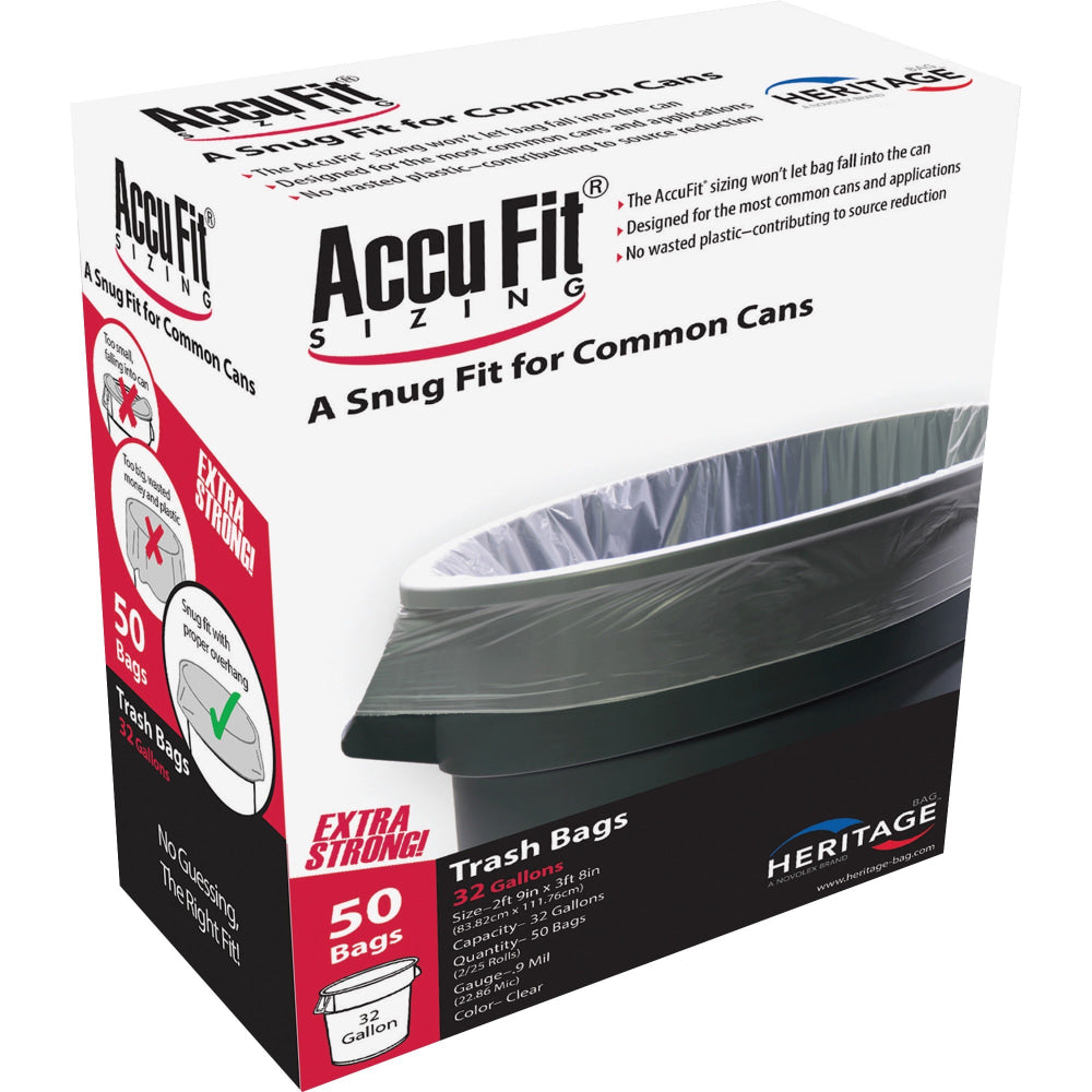 Heritage Accufit Reprime 32 Gallon Can Liners - 32 gal Capacity - 33in Width x 44in Length - 0.90 mil (23 Micron) Thickness - Low Density - Clear - Linear Low-Density Polyethylene (LLDPE) - 6/Carton - 50 Per Box - Garbage