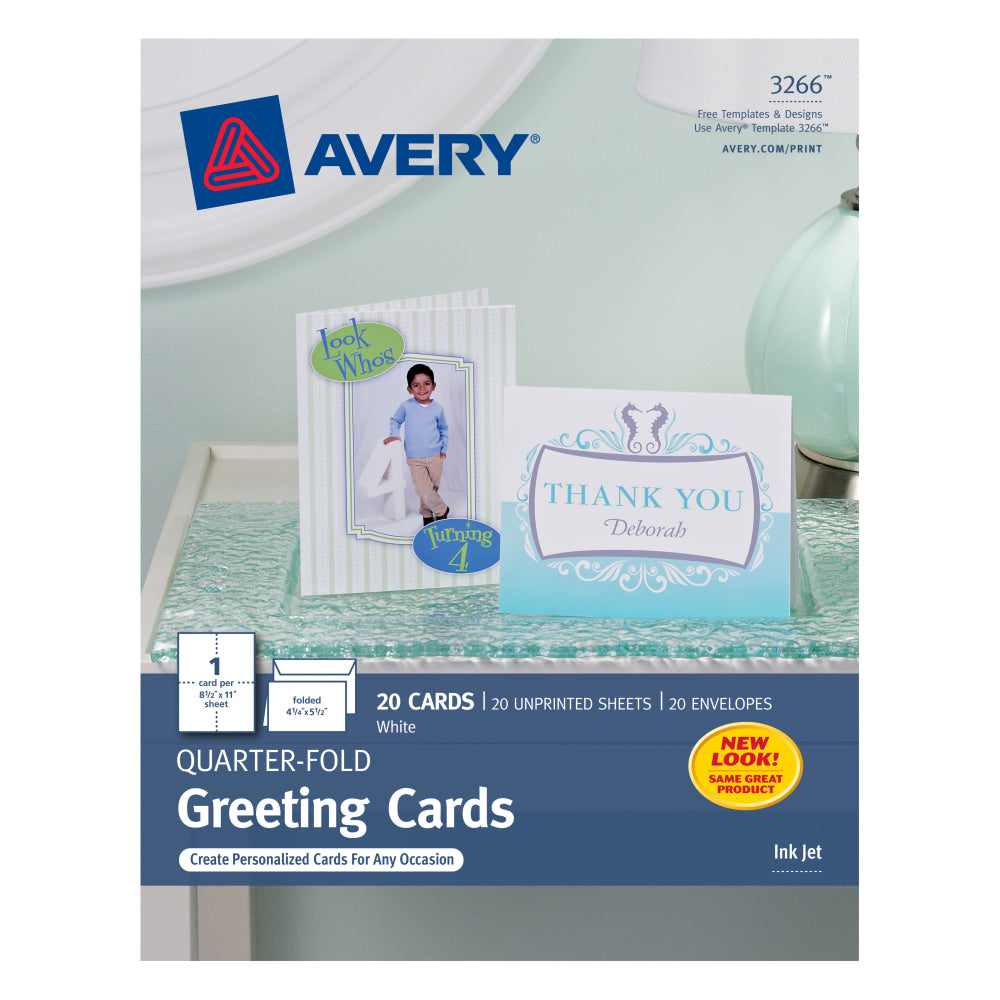 Avery Quarter-Fold Greeting Card Stock With Envelopes, Matte White, 4.25in x 5.5in, 80 Lb, Pack Of 20