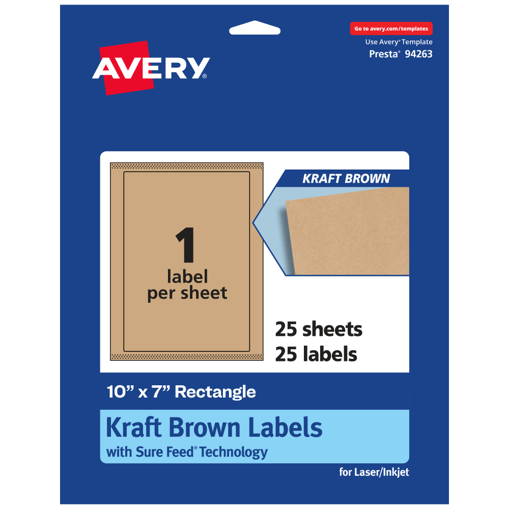 Avery Kraft Permanent Labels With Sure Feed, 94263-KMP25, Rectangle, 10in x 7in, Brown, Pack Of 25