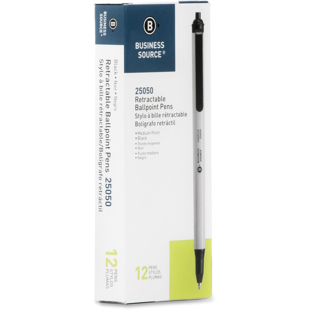 Business Source Retractable Ballpoint Pens - Medium Pen Point - Retractable - Black - Gray Barrel - 1 Dozen