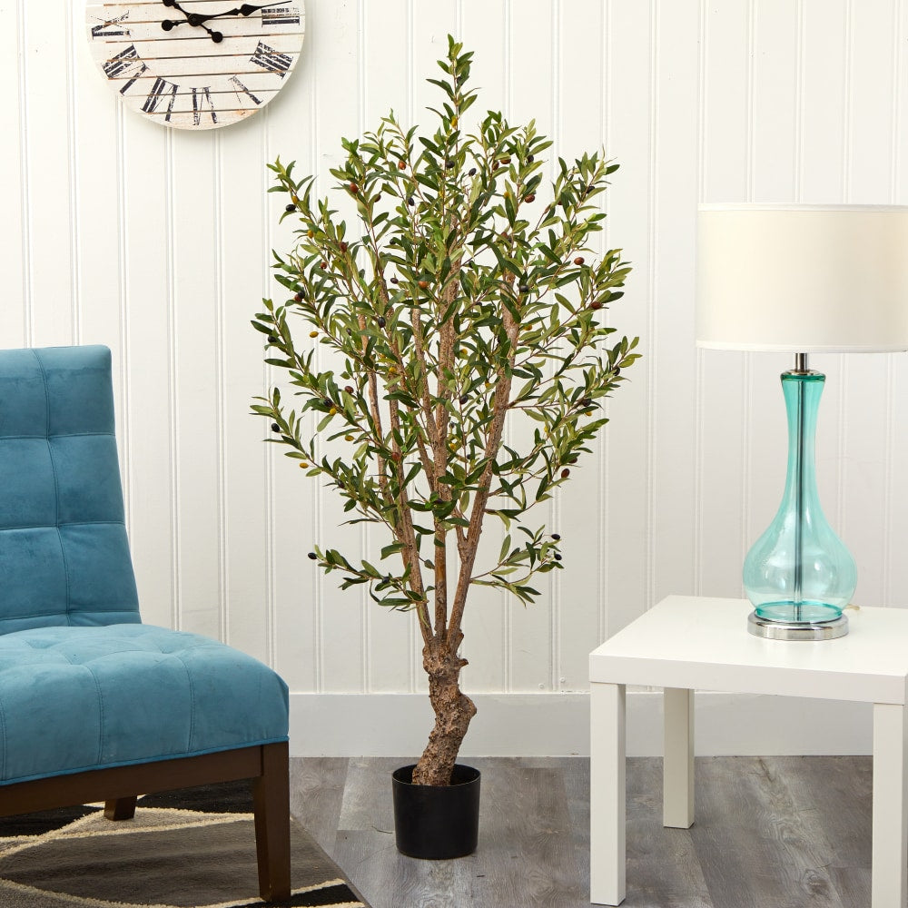 Nearly Natural 5ftH Silk Olive Tree With Pot, Green