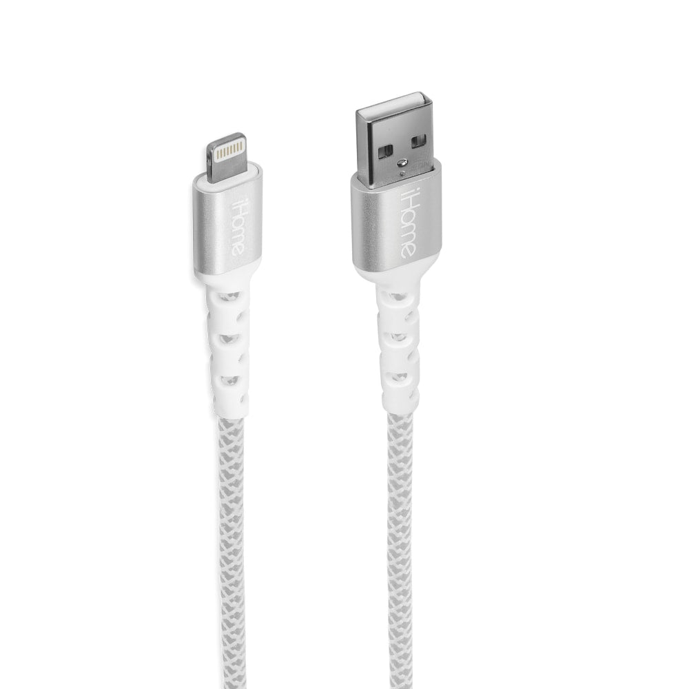 iHome Nylon Braided Lightning-To-USB-A Cable, 6ft, White