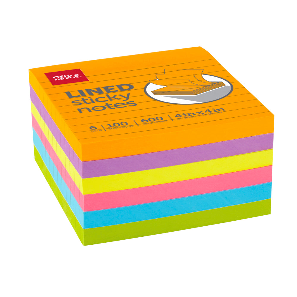 Office Depot Brand Lined Sticky Notes, 4in x 4in, Assorted Vivid Colors, 100 Sheets Per Pad, Pack Of 6 Pads