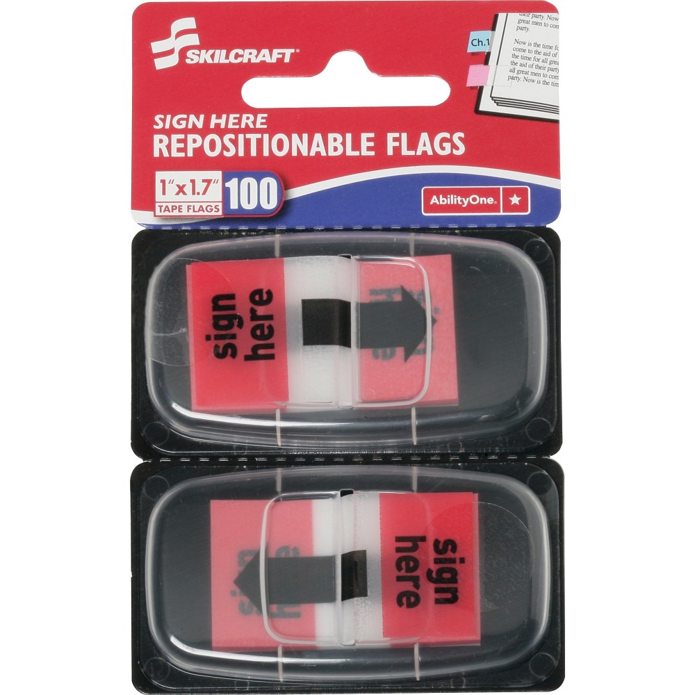 SKILCRAFT Self-Stick Flags, Rectangular, "Sign Here", 1in x 1 3/4in, Red, Pack Of 100 (AbilityOne 7510-01-389-2262)