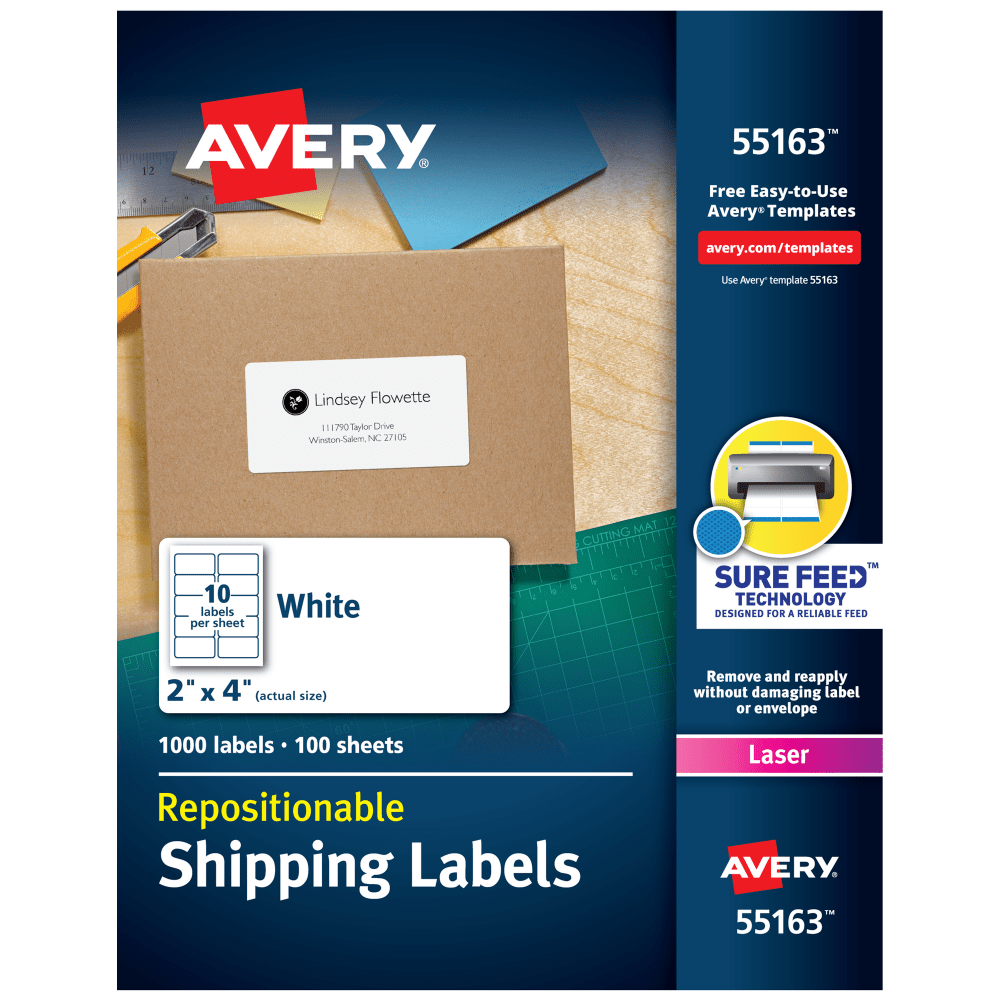 Avery Repositionable Shipping Labels With Sure Feed Technology, 55613, Rectangle, 2in x 4in, White, Pack Of 1,000