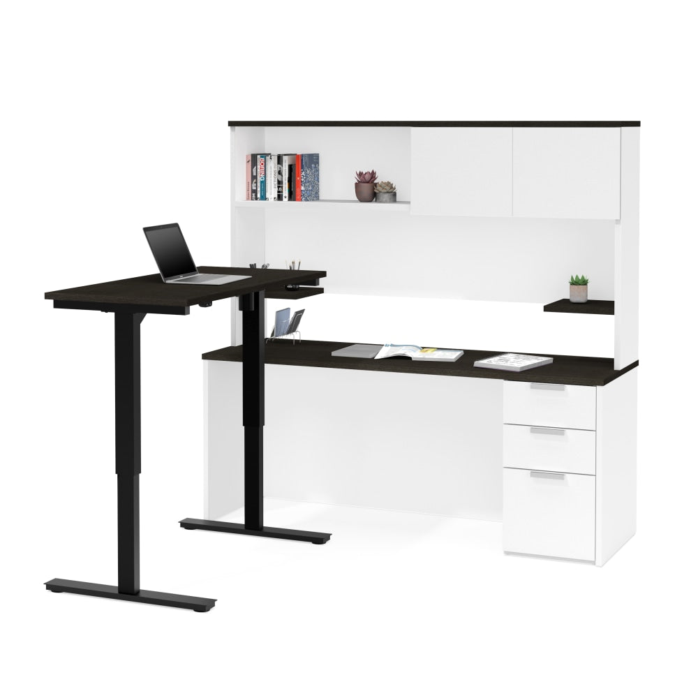 Bestar Pro-Concept Plus 72inW L-Shaped Standing Corner Desk With Pedestal And Hutch, White/Deep Gray