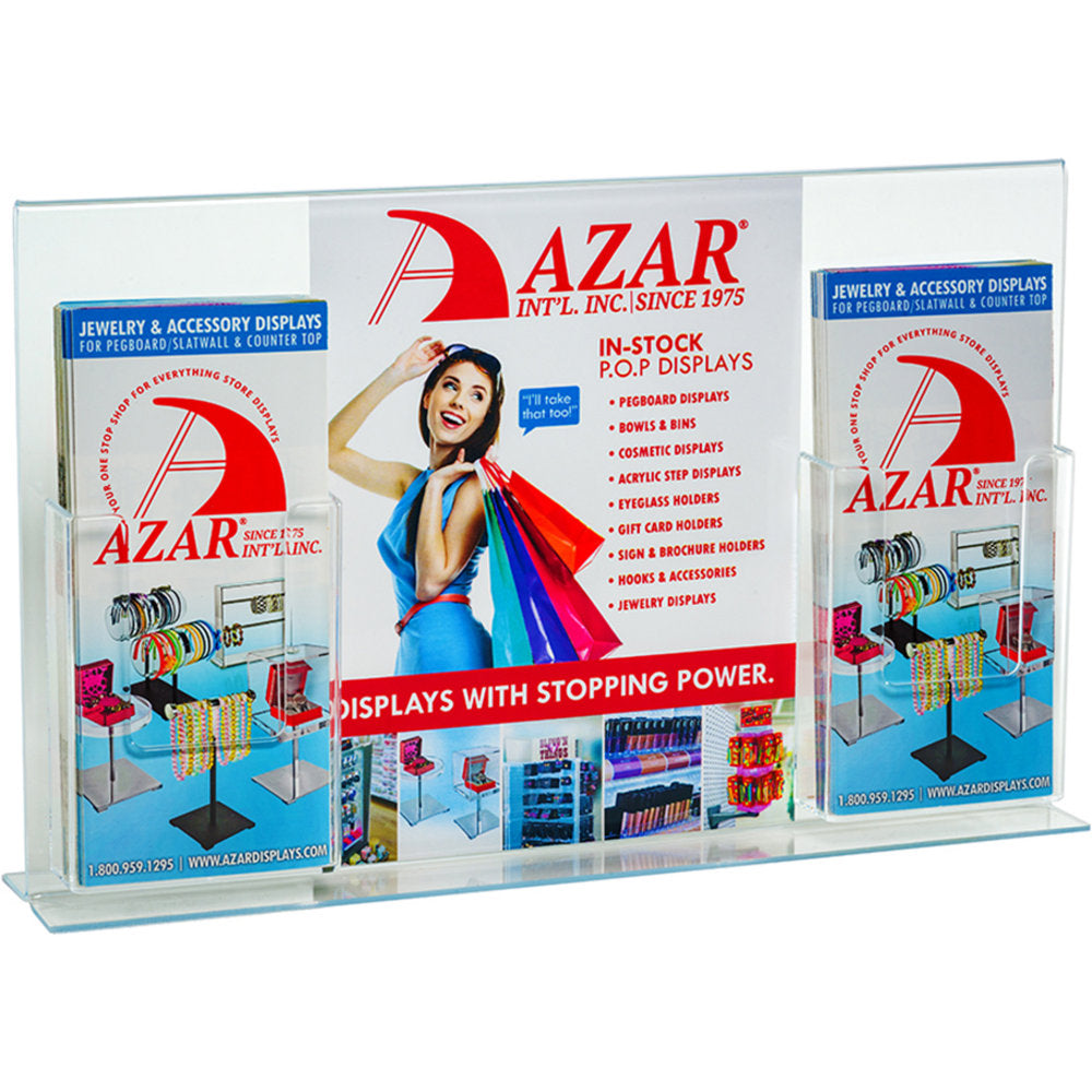 Azar Displays Double-Foot Sign Holders, With 2 Trifold Pockets, 11inH x 18inW x 4 5/8inD, Clear, Pack Of 2 Holders