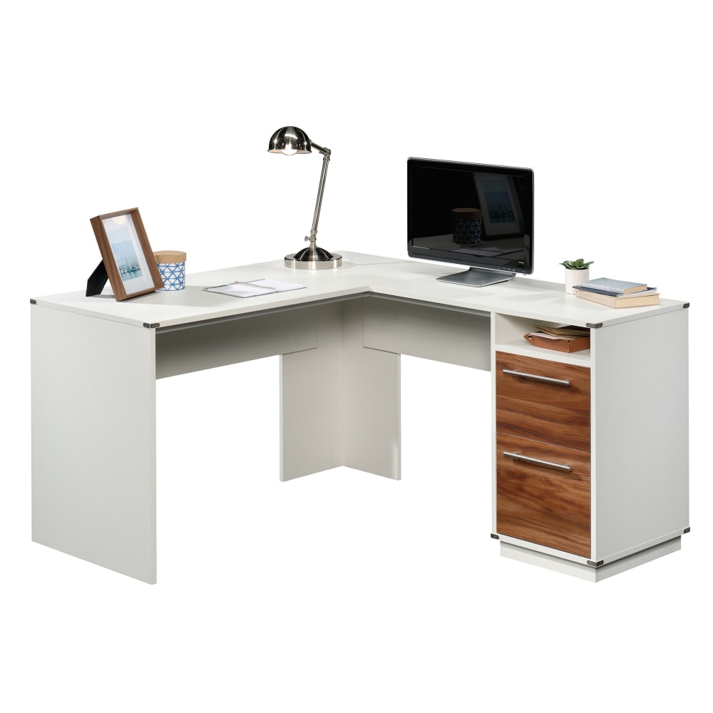 Sauder Vista Key 60inW L-Shaped Corner Desk, Pearl Oak/Blaze Acacia