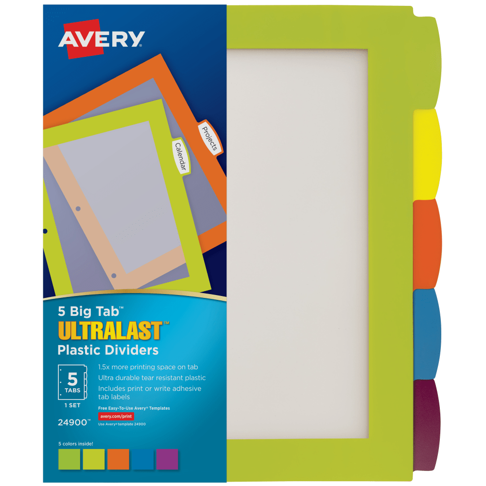 Avery Big Tab Ultralast Plastic Dividers, 5-Tab, Multicolor