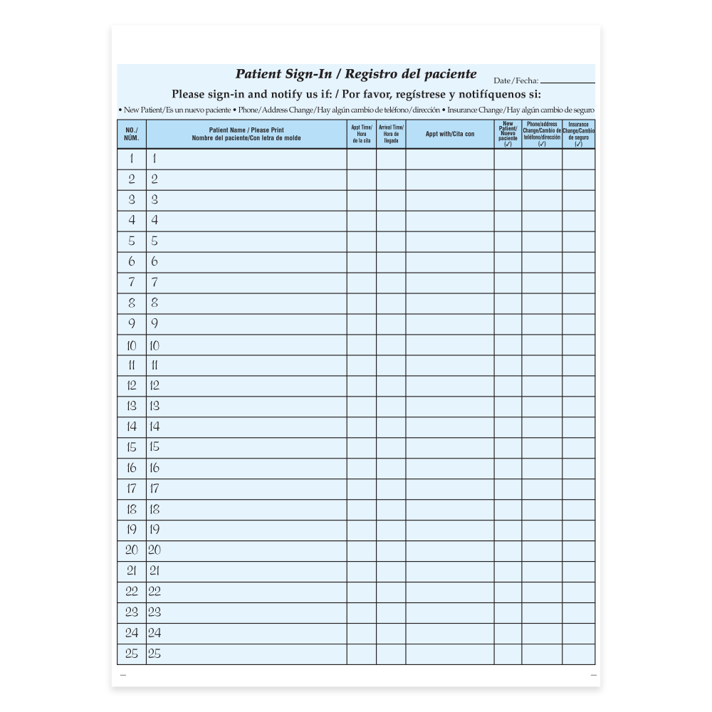 HIPAA-Compliant Bilingual Patient/Visitor Privacy Sign-In Sheets, 2-Part, 8-1/2in x 11in, Blue, Pack Of 250 Sheets