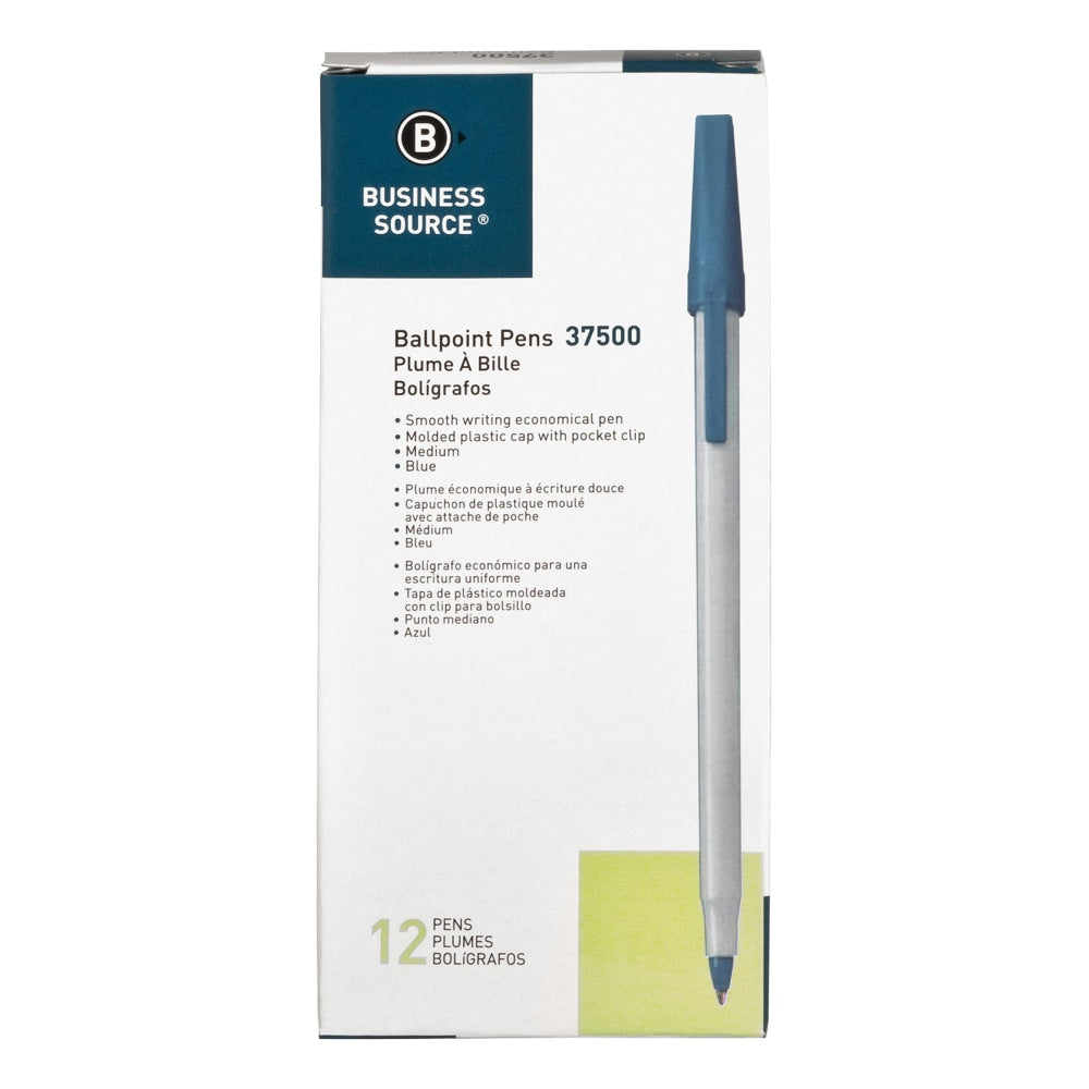 Business Source Medium Point Ballpoint Stick Pens - Medium Pen Point - Blue - Light Gray Barrel - Stainless Steel Tip - 1 Dozen