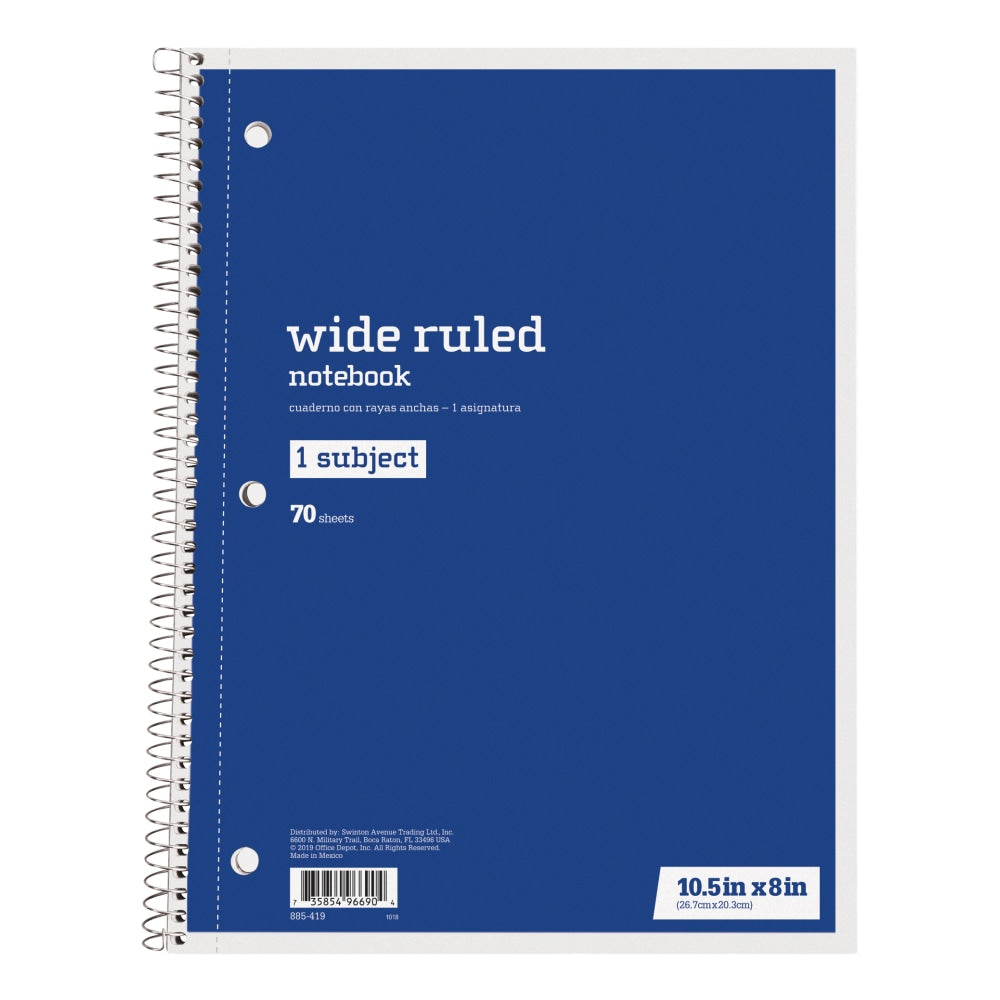 Just Basics Spiral Notebook, 8in x 10-1/2in, Wide Ruled, 70 Sheets, Blue