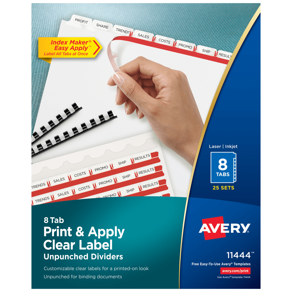 Avery Unpunched Customizable Dividers For Use With Any Binding System With Index Maker Easy Print & Apply Clear Label Strip, 8 Tab, White, Pack Of 25 Sets