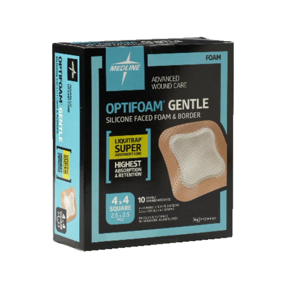 Medline Optifoam Gentle Silicone-Faced Foam & Border With Liquitrap Core Dressings, 4in x 4in, Natural, Box Of 10