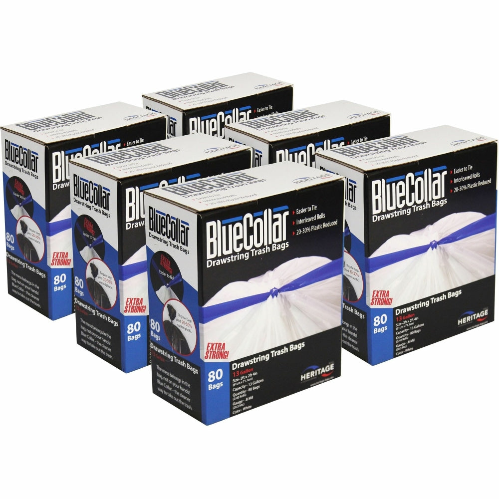 BlueCollar 13-gallon Drawstring Trash Bags - 13 gal Capacity - 24in Width x 28in Length - 0.80 mil (20 Micron) Thickness - Drawstring Closure - White - 6/Carton - 80 Per Box - Garbage