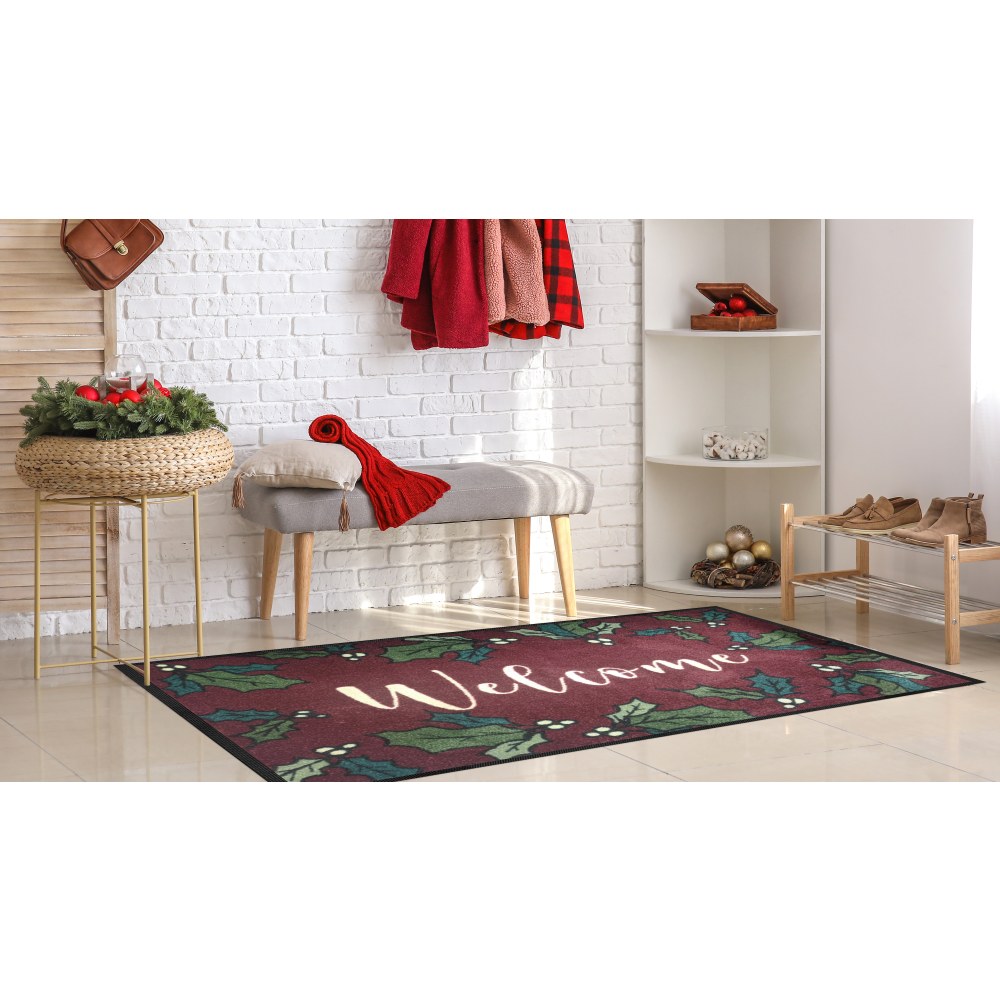 M+A Matting Message Mat, 2ft x 3ft, Welcome Holly Burgundy