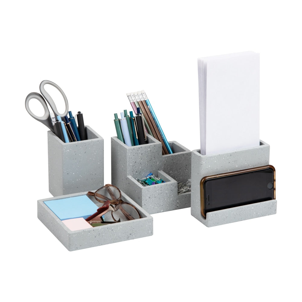 Mind Reader Terrazzo Collection 4-Piece Desktop Organization Set, 4inH x 5inW x 5inH, Gray