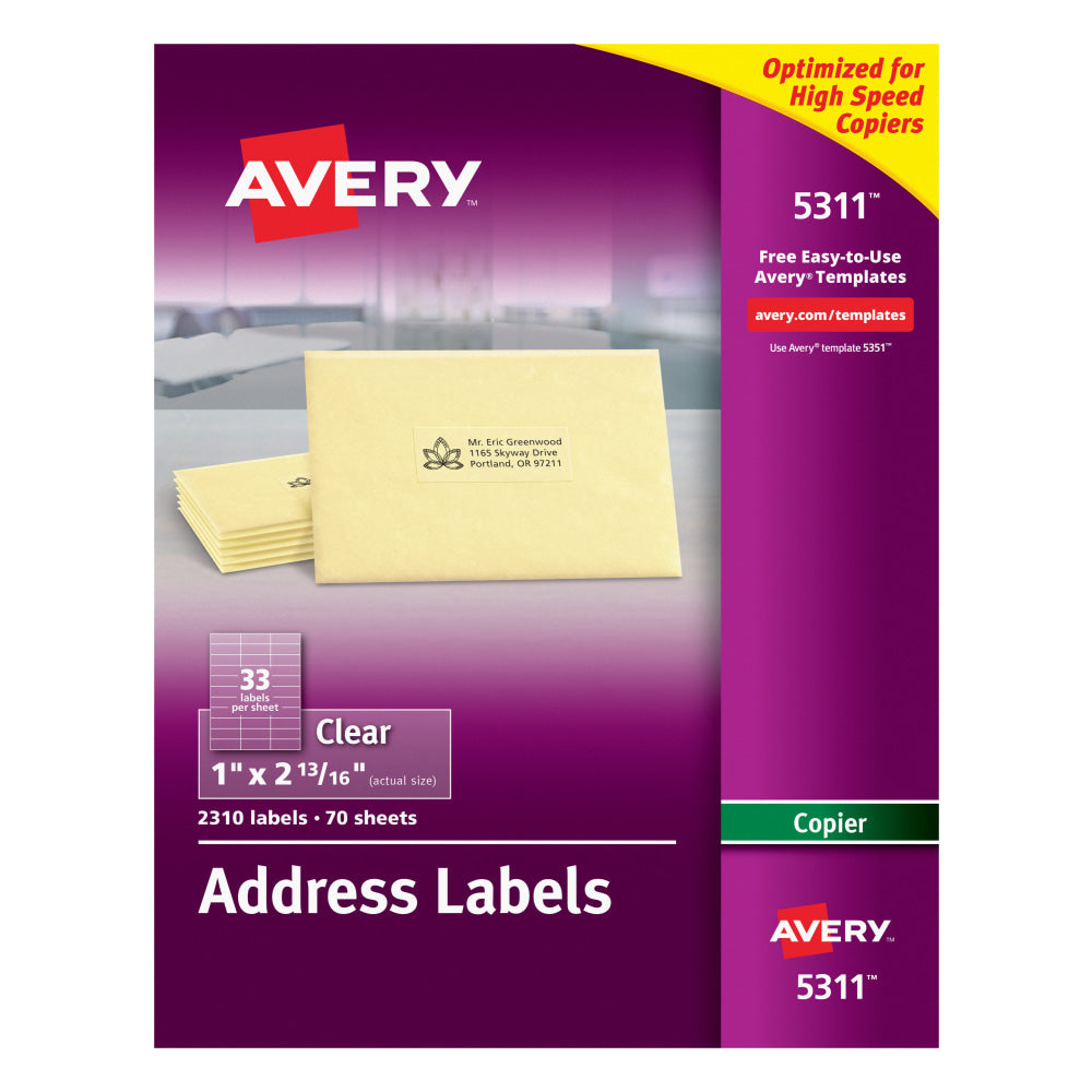 Avery Permanent Address Labels For Copiers, 5311, Rectangle, 1in x 2-13/16in, Clear, Pack Of 2,310