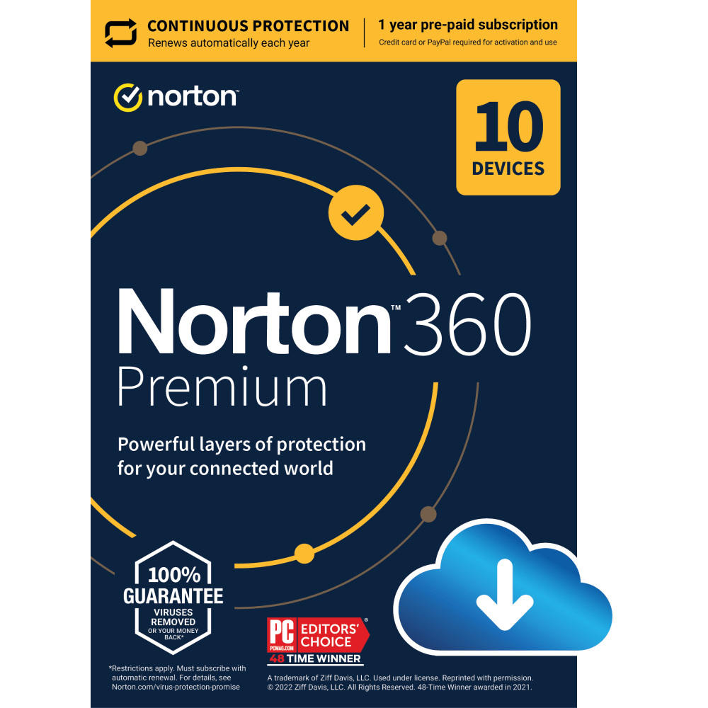 Norton 360 Premium, For 10 Devices, 1 Year Subscription, Windows, Download