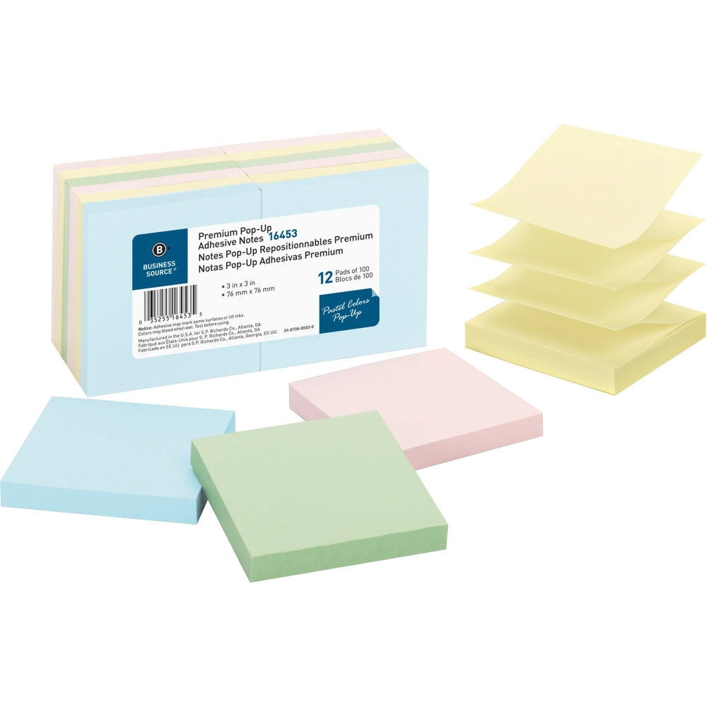 Business Source Reposition Pop-up Adhesive Notes - 3in x 3in - Square - Assorted Pastel - Removable, Repositionable, Solvent-free Adhesive - 12 / Pack