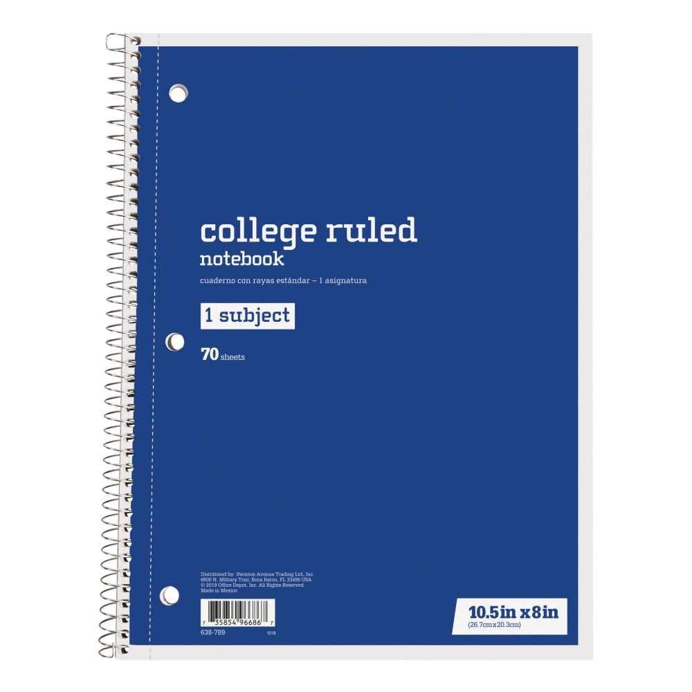 Just Basics Spiral Notebook, 8in x 10-1/2in, College Ruled, 70 Sheets, Blue