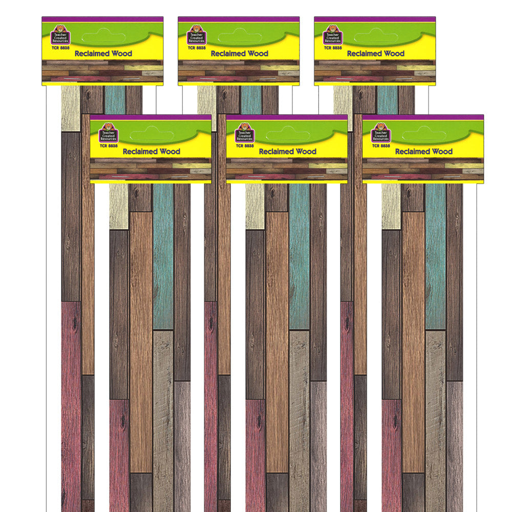 Teacher Created Resources Straight Border Trim, 3ft" x 35ft", Reclaimed Wood, 12 Boarders Per Pack, Set Of 6 Packs