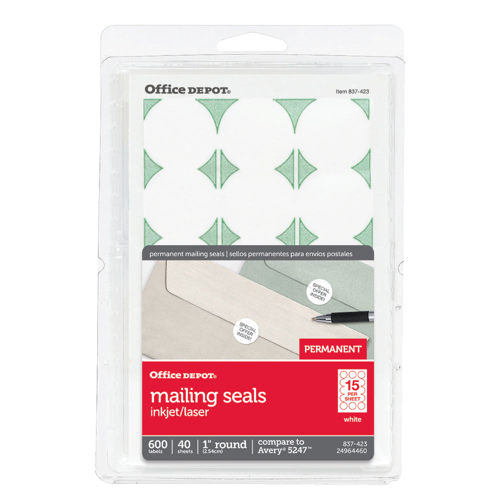 Office Depot Brand Permanent Mailing Seals, 1in Diameter, White, Pack Of 600