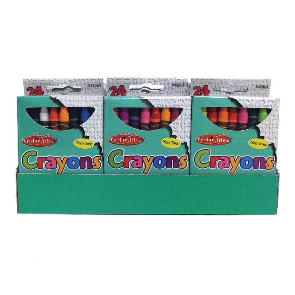 Charles Leonard Creative Arts Crayons, 3-1/2in x 5/16in, Assorted Colors, 24 Crayons Per Box, Pack Of 24 Boxes