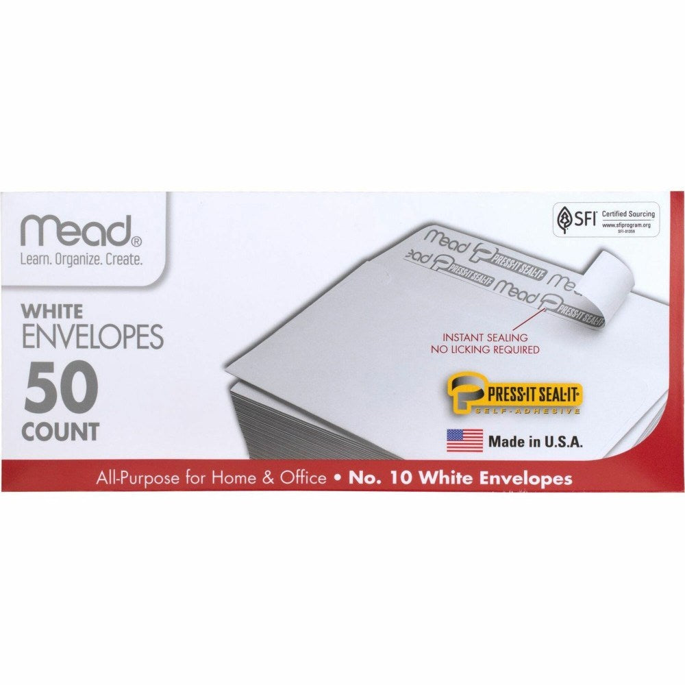 Mead Plain White Self-Seal Business Envelopes - Business - #10 - 4 1/8in Width x 9 1/2in Length - Self-sealing - 50 / Box - White