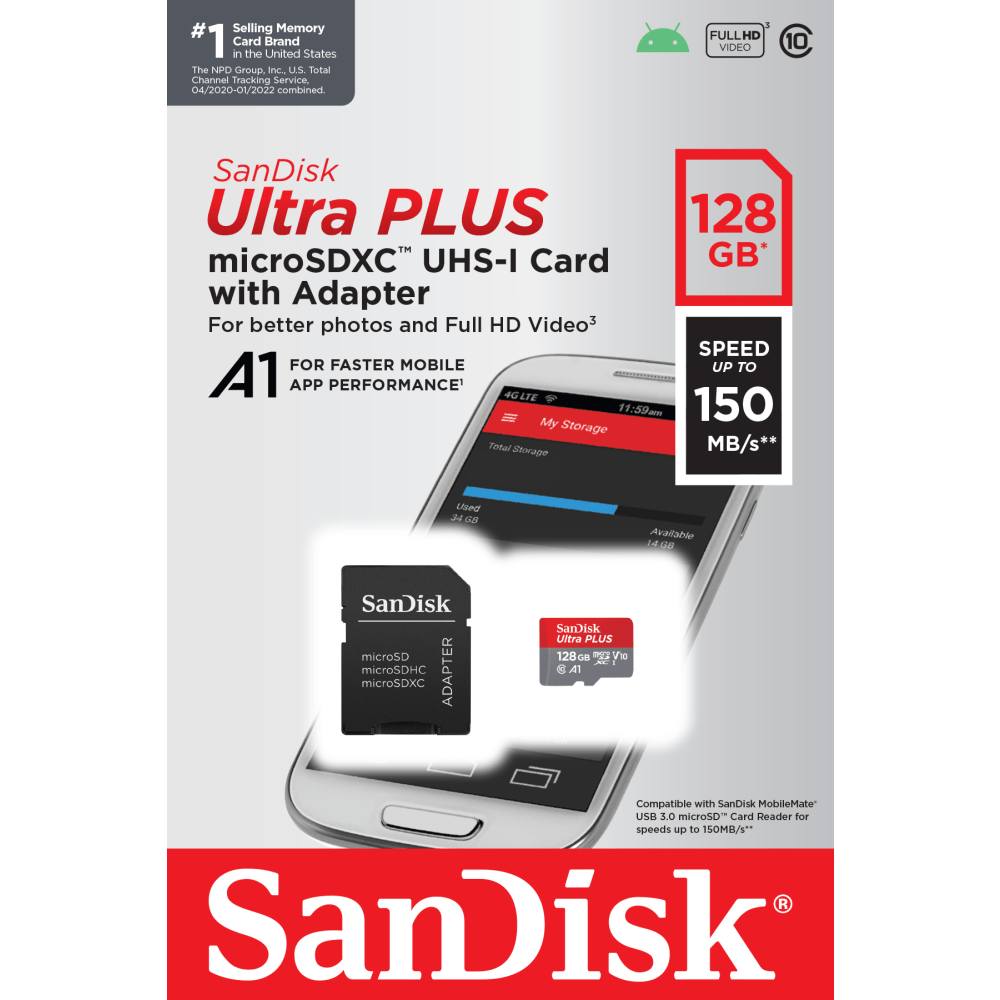 SanDisk Ultra PLUS microSD Memory Card, 128GB