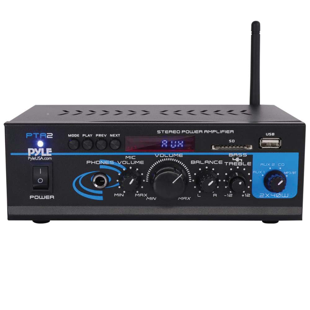 Pyle Mini Stereo Power Amplifier With Bluetooth, 7-1/2inH x 6-1/2inW x 3inD, Black, PTA2