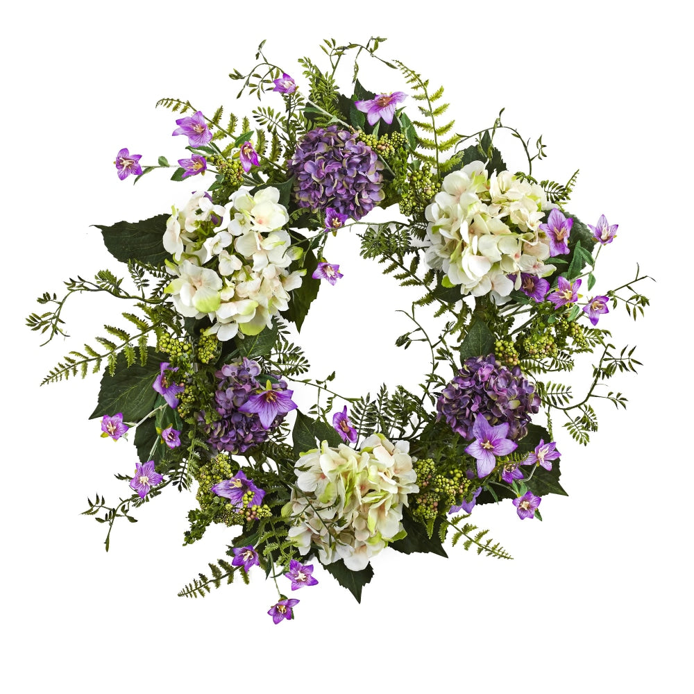 Nearly Natural Hydrangea Berry 24inH Plastic Wreath, 24inH x 24inW x 3inD, Purple