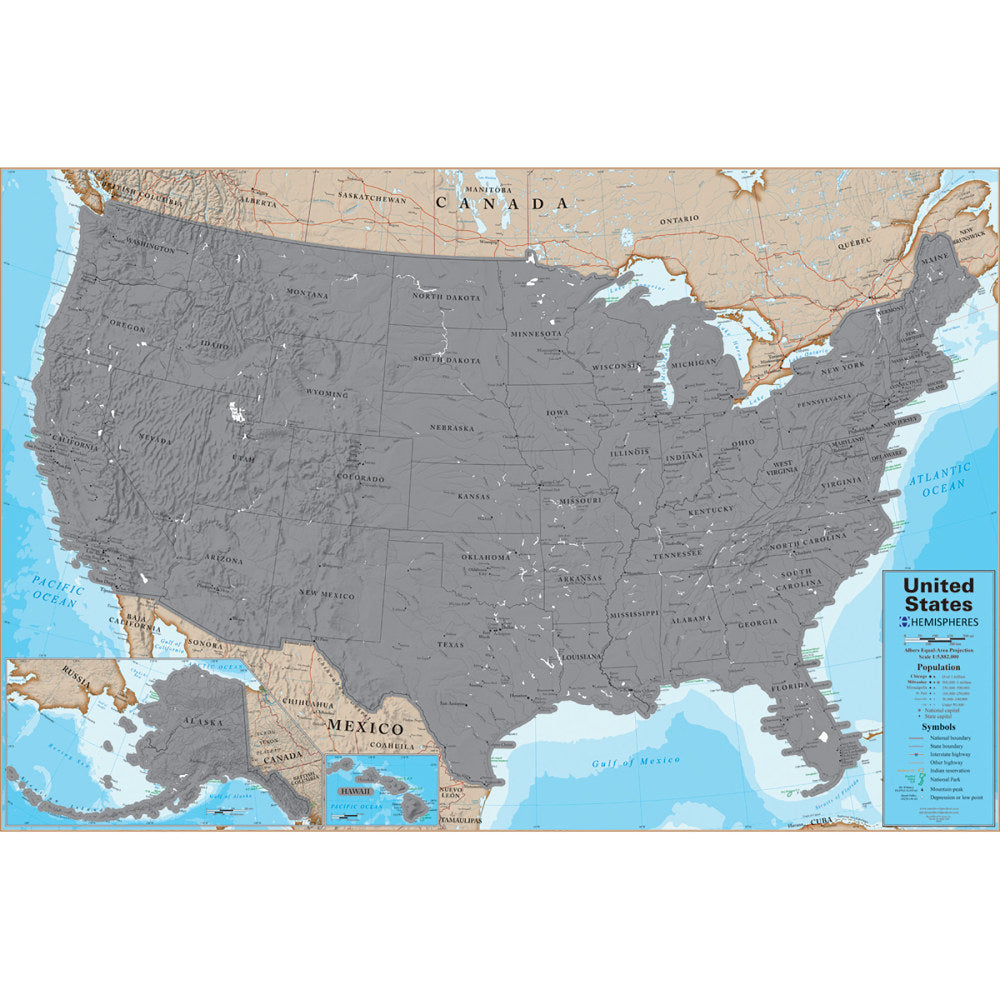 Hemispheres Scratch-Off Laminated Wall Map, 24in x 36in, USA