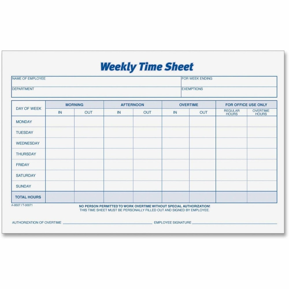 TOPS Weekly Timesheet Form, 5.5in x 8.5in, White/Blue, 100 Sheets Per Pad, 2 Pads Per Pack