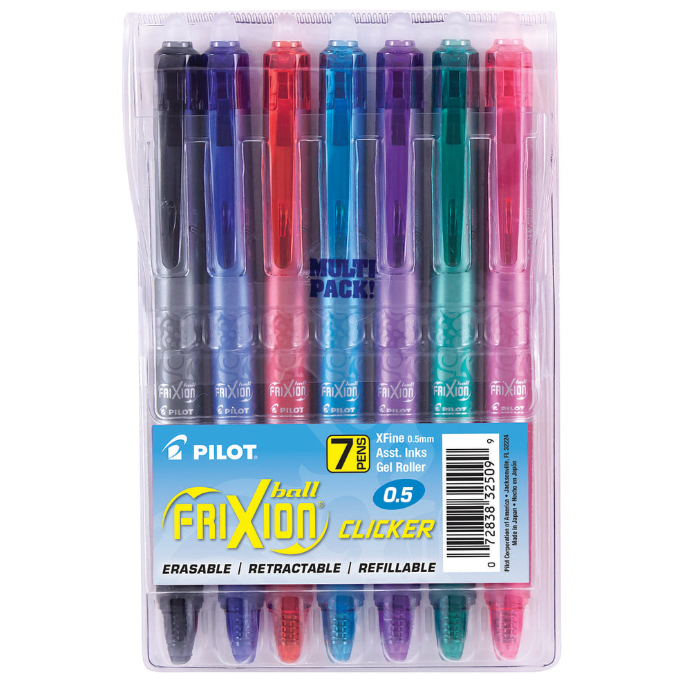 Pilot FriXion Clicker Erasable Gel Pens, Extra Fine Point, 0.5 mm, Assorted Barrels, Assorted Ink Colors, Pack Of 7