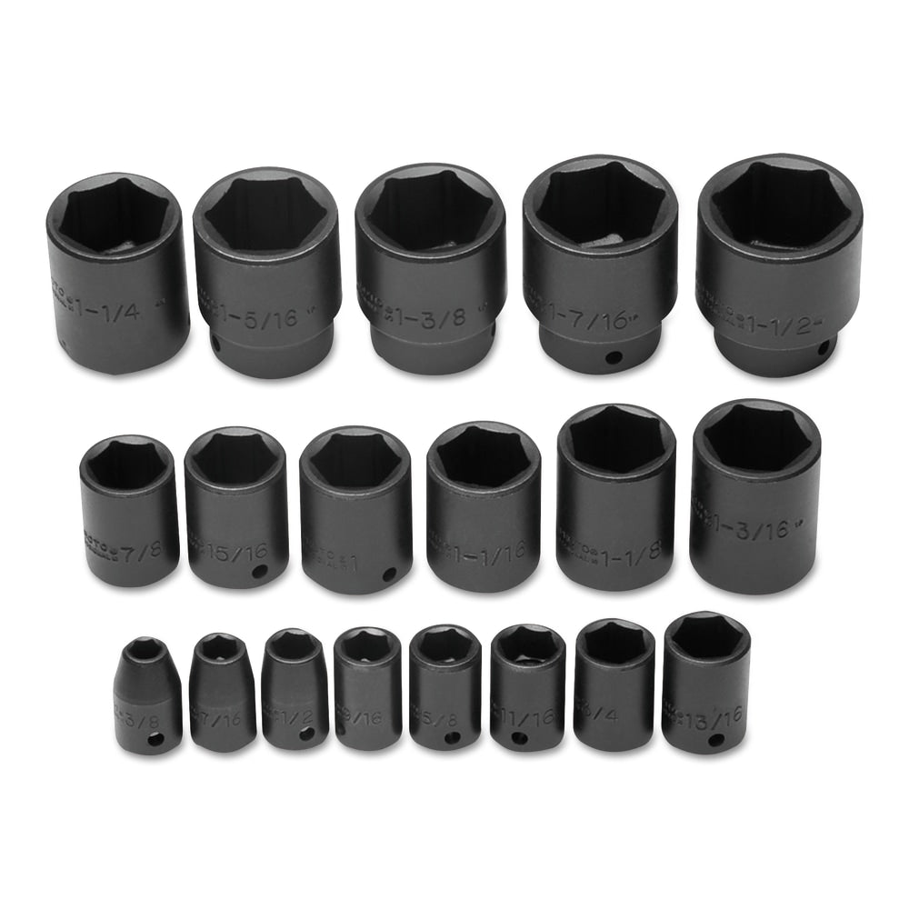 PROTO 19-Piece Impact Socket Set, SAE, 1/2in Drive, 3/8in to 1-1/2in Opening, 6-Point