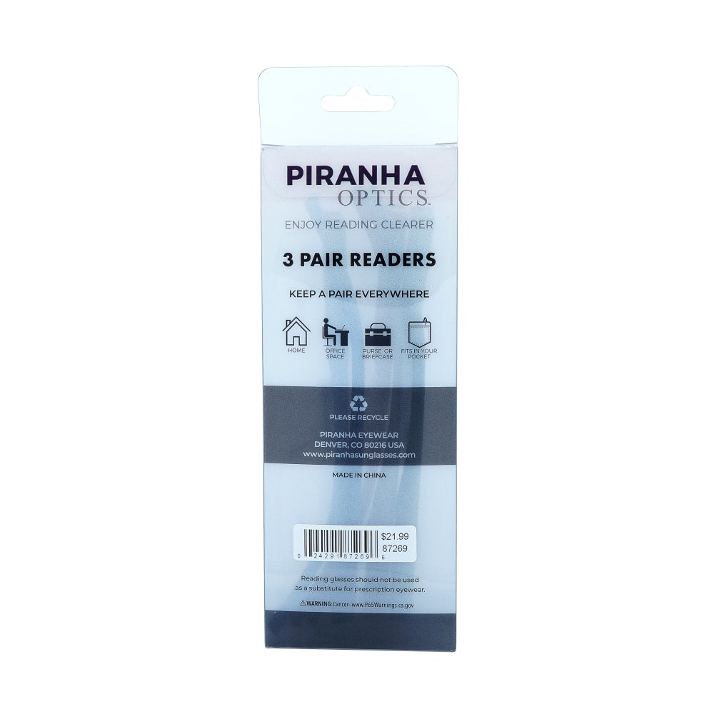 Piranha Unisex Tri-Pack Readers, Black/Red/Blue, +2.50, 3 Readers Per Pack, Case Of 60 Packs